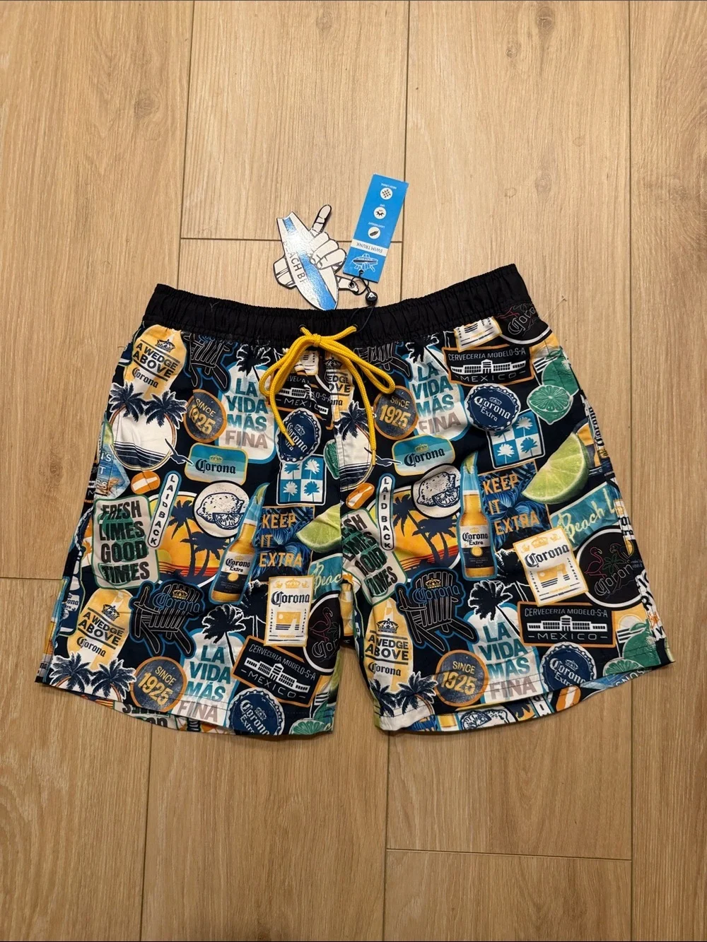 Corona Men's Multicolor Graphic Swim Trunks with Yellow Drawstring